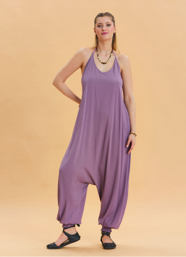 Lilac Bohemian Jumpsuit with Elasticated Legs and Tied Neck 4486